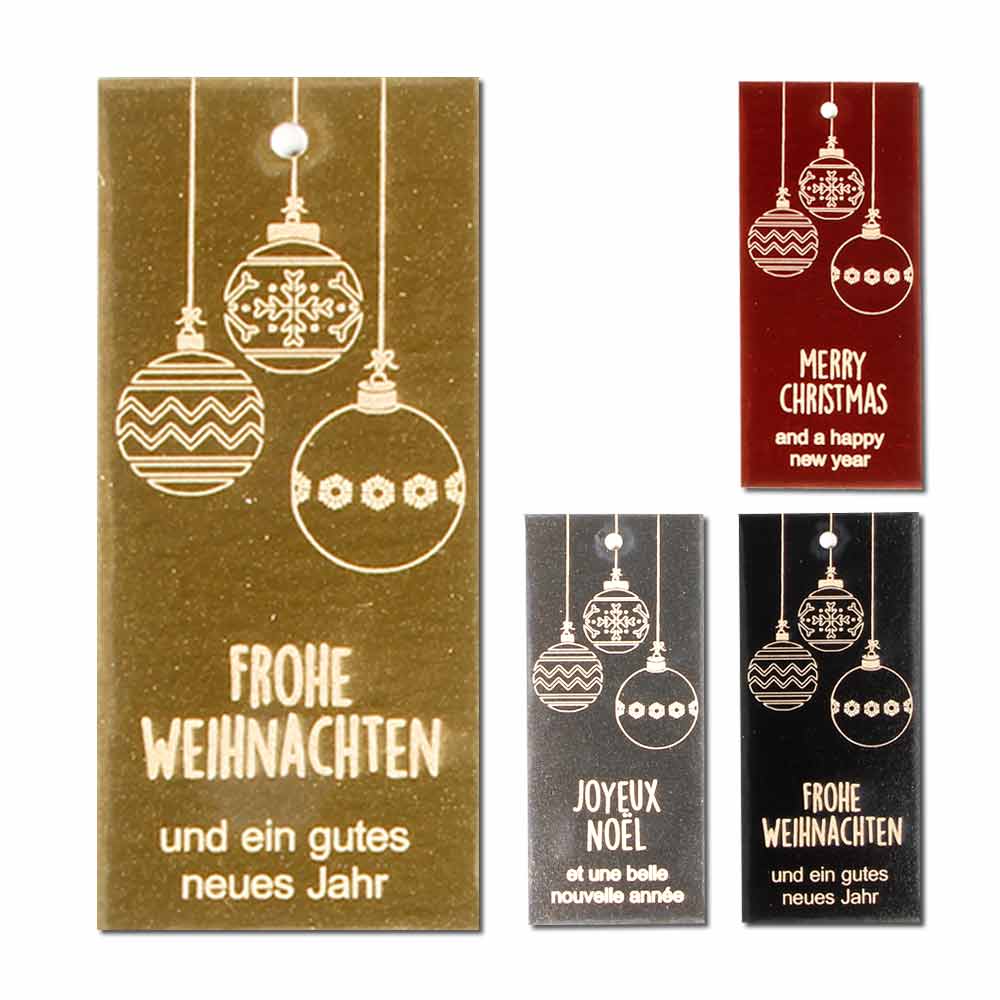 Hangtag | Kartonetikett "Frohe Weihnachten" drei Weihnachtskugeln metallic