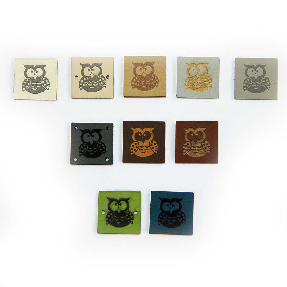 Faux leather labels "Owl", square, mini appliqué