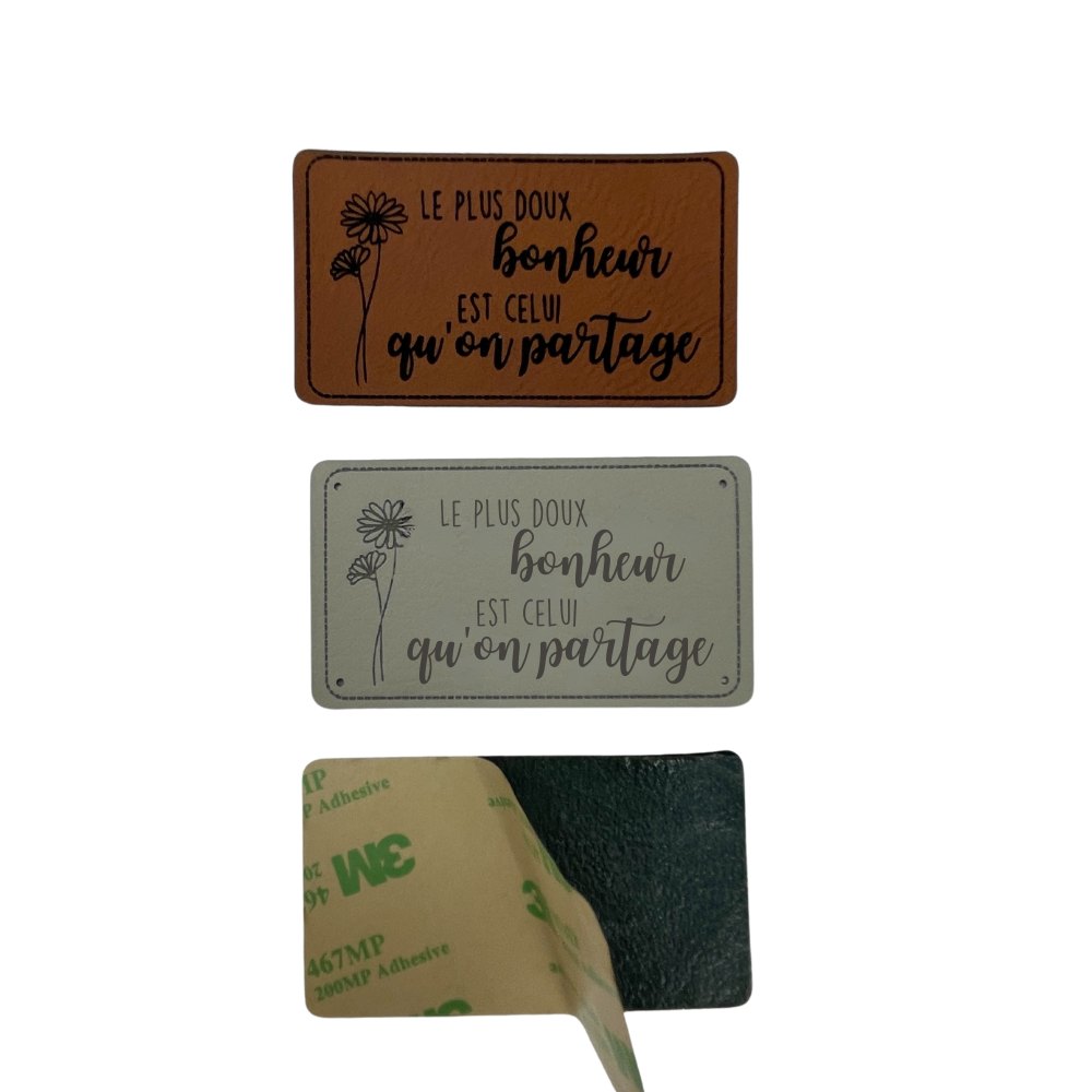 Artificial leather labels "LE PLUS DOUX bonheur EST CELUI qu’on partage"