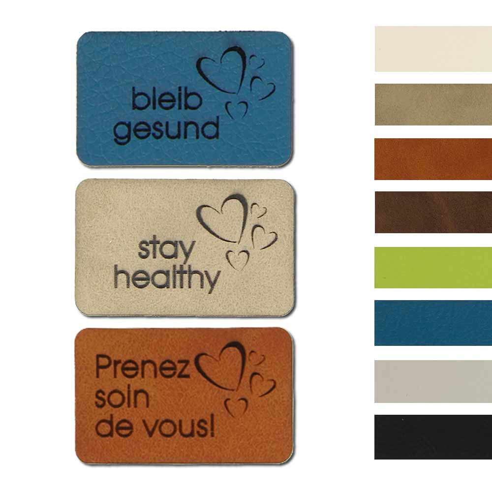 Synthetic leather labels, with the inscription "stay healthy"