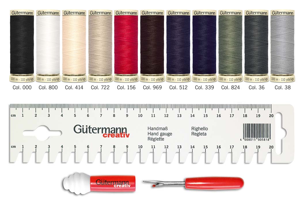 Sewing thread set with Measuring aid and Seam-fix mini - content