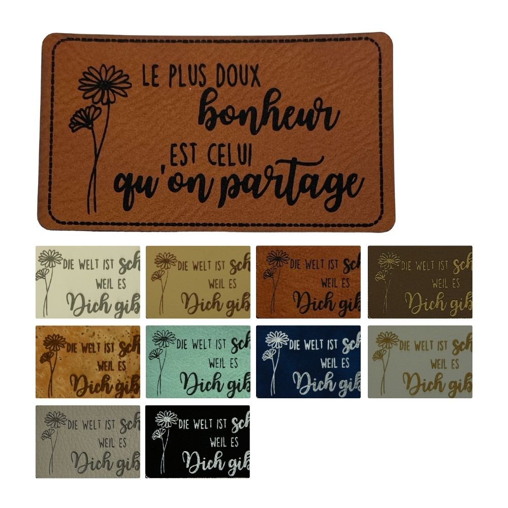 Artificial leather labels "LE PLUS DOUX bonheur EST CELUI qu’on partage"