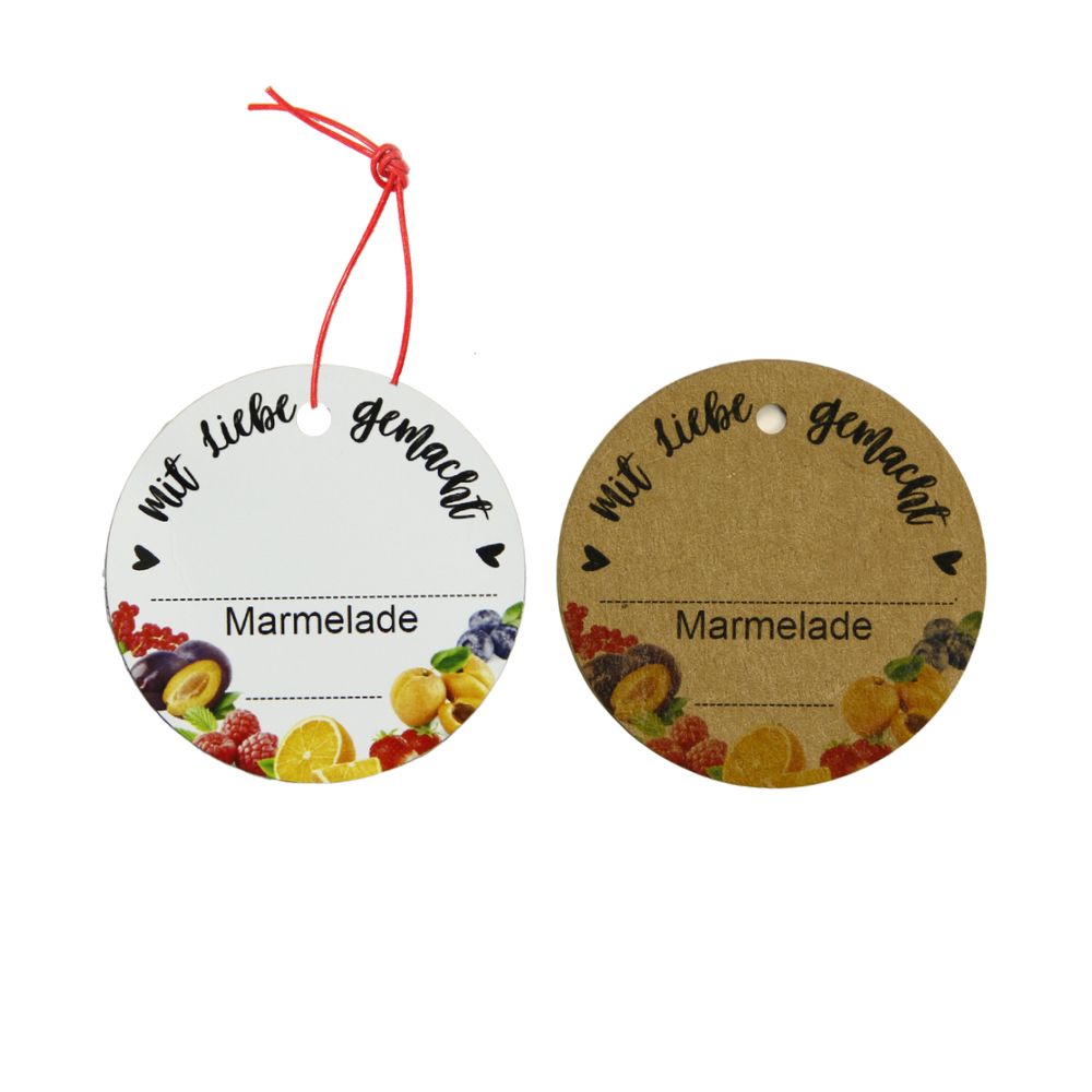 Hangtag, Kartonanhänger mit der Aufschrift "Mit Liebe gemacht" für Marmelade