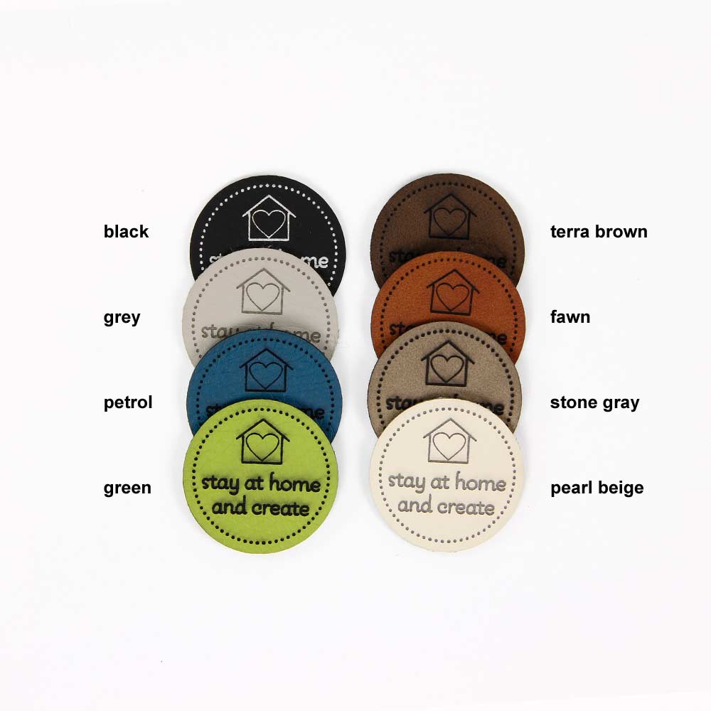 Synthetic leather labels, with the inscription "stay at home  -  and create"