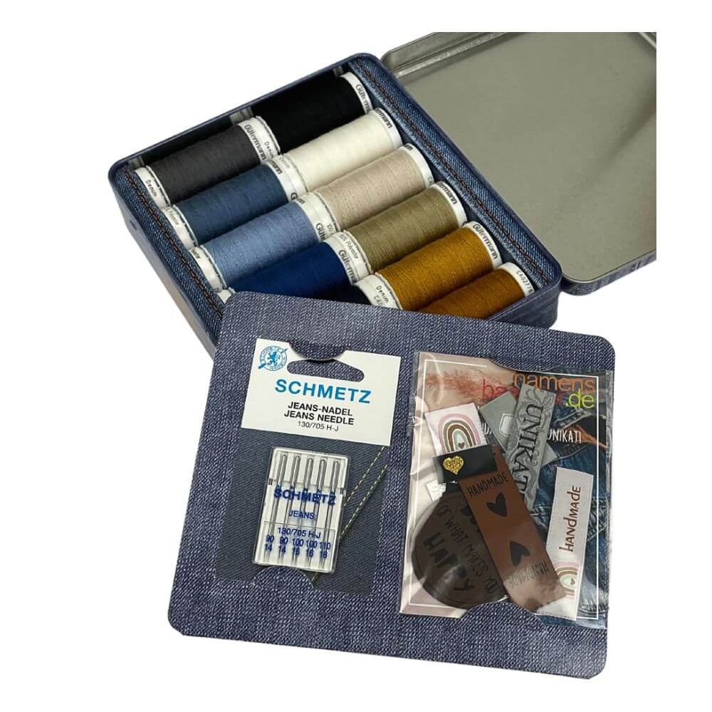 Denim-Box with Jeans sewing needles and artificial leather labels -  Gütermann Consumer